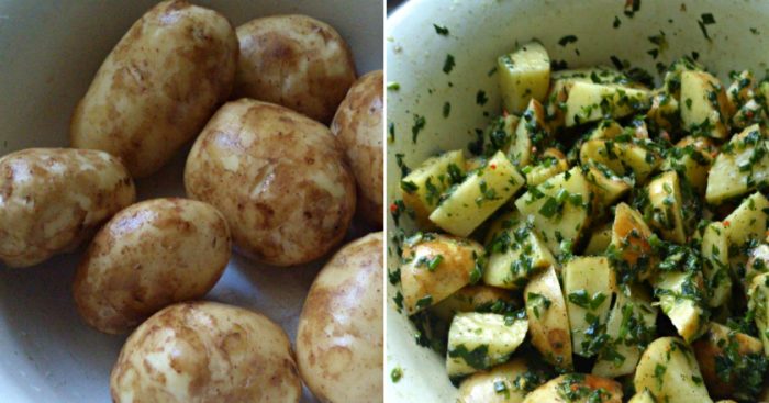 Cepeškrāsnī cepti jaunie kartupeļi ar ķiplokiem un zaļumiem!